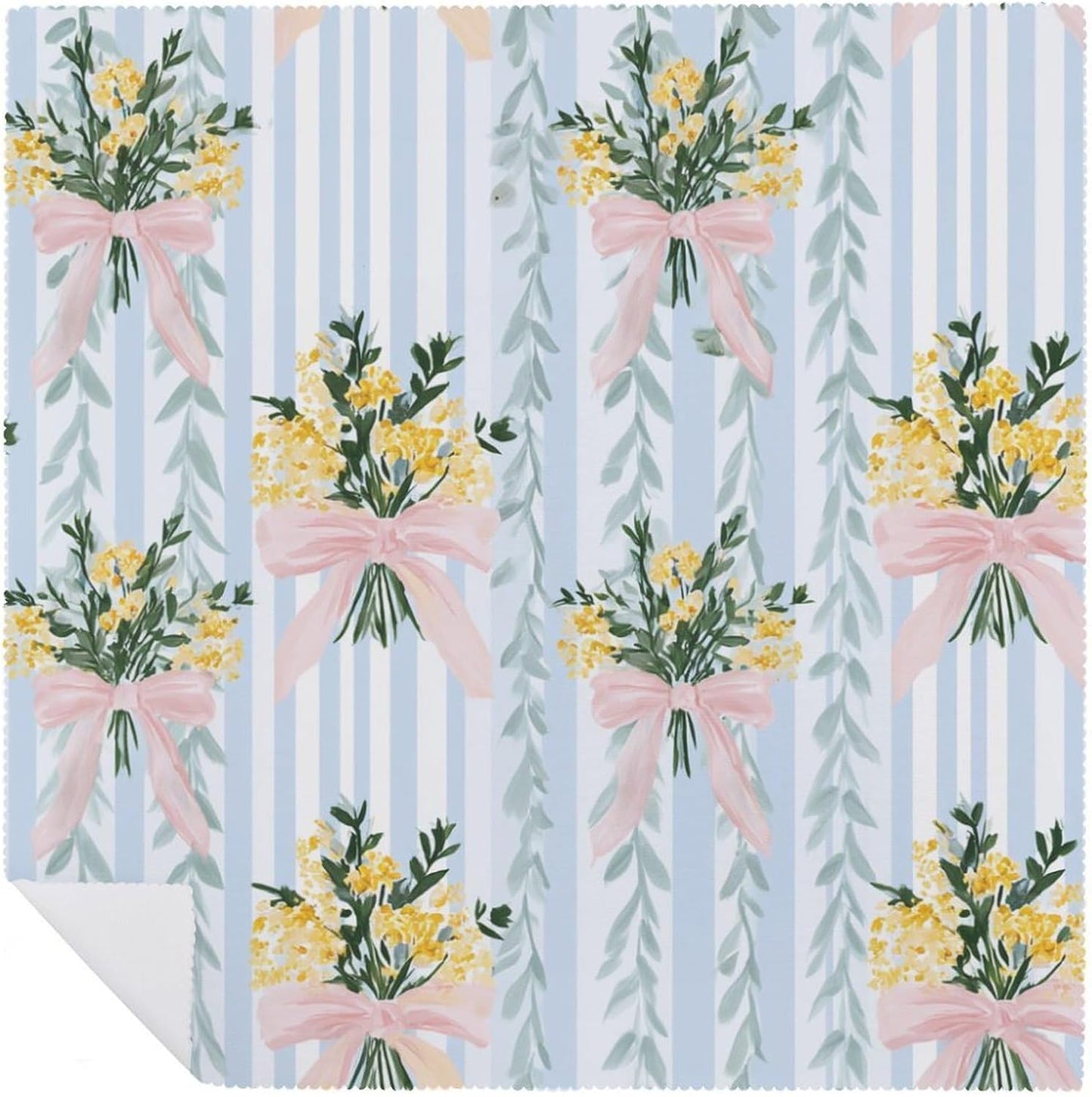 Pastel Lemon Floral Bouquets with Pink Bows Cloth Napkins Set of 6, Square Premium Reusable Washable Polyester Table Linen Napkin for Dinner Party