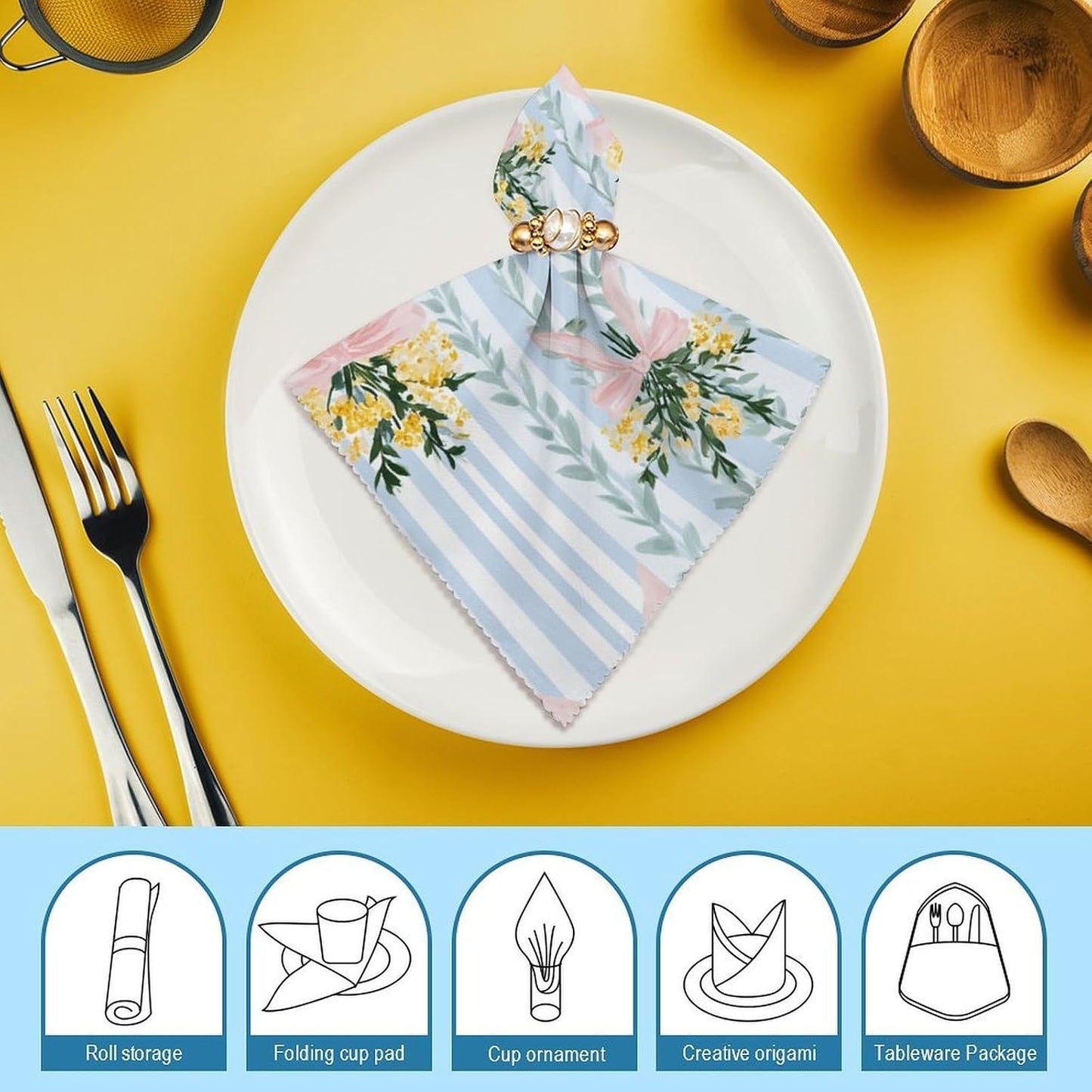 Pastel Lemon Floral Bouquets with Pink Bows Cloth Napkins Set of 6, Square Premium Reusable Washable Polyester Table Linen Napkin for Dinner Party