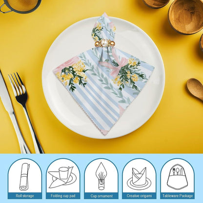 Pastel Lemon Floral Bouquets with Pink Bows Cloth Napkins Set of 6, Square Premium Reusable Washable Polyester Table Linen Napkin for Dinner Party