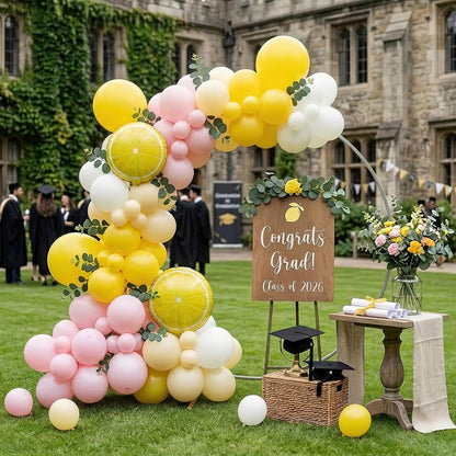 Lemon Balloon Arch Kit with Eucalyptus Leaves - 137Pcs Yellow Pink White Balloon Garland for Lemonade Baby Shower Summer Bridal Shower Tutti Frutti Birthday Party Decor