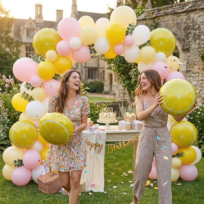 Lemon Balloon Arch Kit with Eucalyptus Leaves - 137Pcs Yellow Pink White Balloon Garland for Lemonade Baby Shower Summer Bridal Shower Tutti Frutti Birthday Party Decor