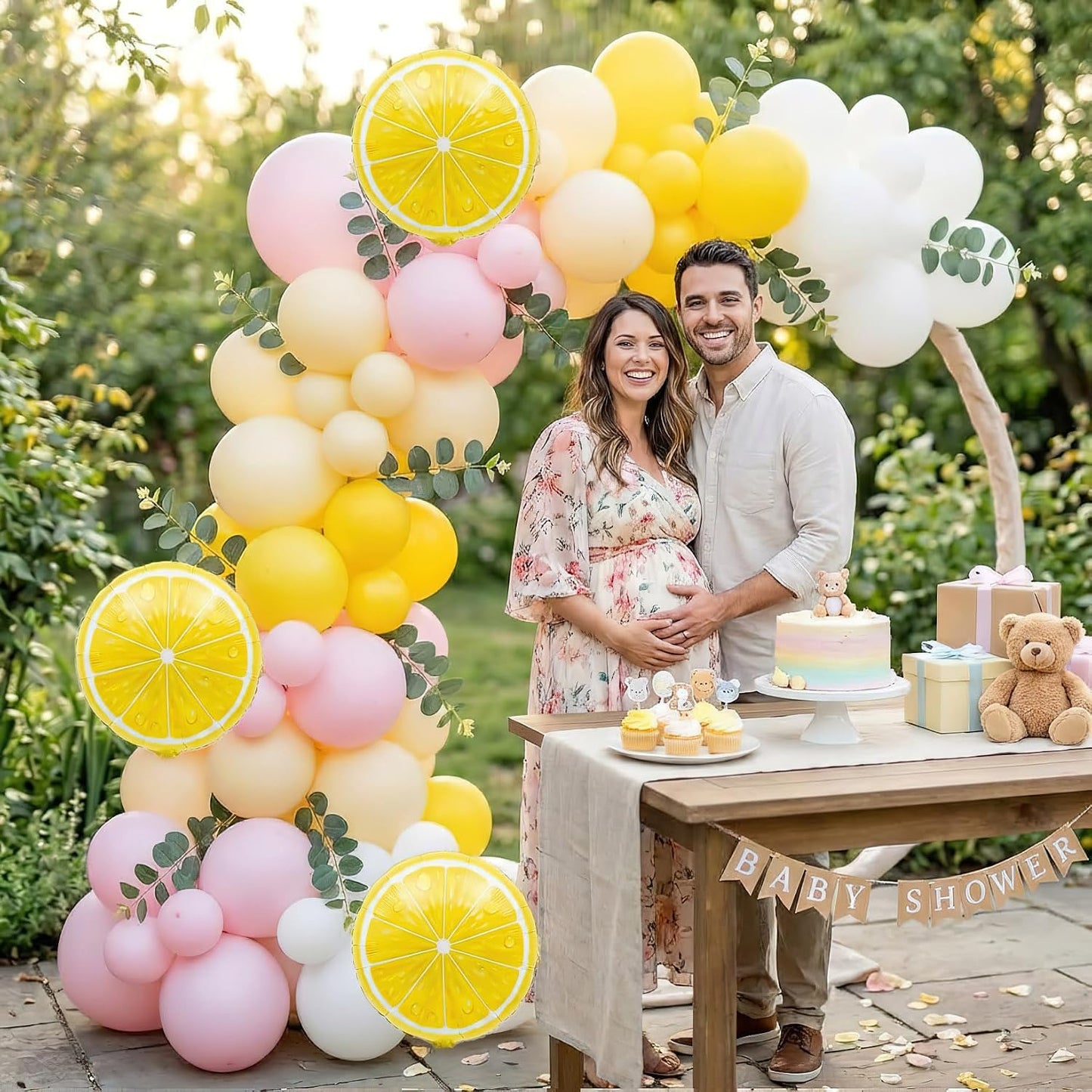 Lemon Balloon Arch Kit with Eucalyptus Leaves - 137Pcs Yellow Pink White Balloon Garland for Lemonade Baby Shower Summer Bridal Shower Tutti Frutti Birthday Party Decor
