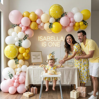 Lemon Balloon Arch Kit with Eucalyptus Leaves - 137Pcs Yellow Pink White Balloon Garland for Lemonade Baby Shower Summer Bridal Shower Tutti Frutti Birthday Party Decor