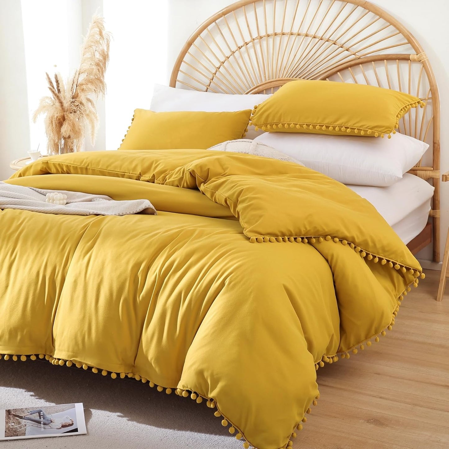 Queen Comforter Set - Comforter Queen Size Sets with Ball Pom Fringe, Soft Bedding Set for All Seasons - 3 Pieces, 1 Comforter (90"x90") & 2 Pillow Shams (20"x26"), Mustard Yellow