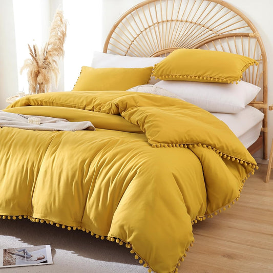 Queen Comforter Set - Comforter Queen Size Sets with Ball Pom Fringe, Soft Bedding Set for All Seasons - 3 Pieces, 1 Comforter (90"x90") & 2 Pillow Shams (20"x26"), Mustard Yellow