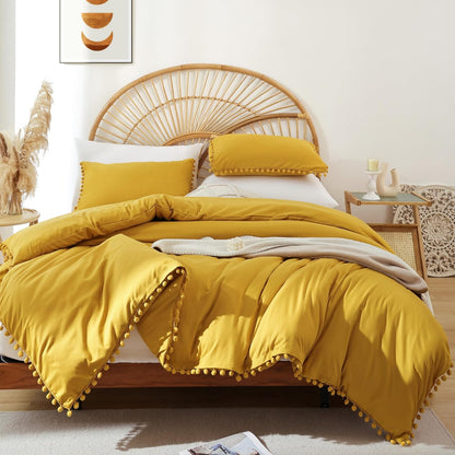 Queen Comforter Set - Comforter Queen Size Sets with Ball Pom Fringe, Soft Bedding Set for All Seasons - 3 Pieces, 1 Comforter (90"x90") & 2 Pillow Shams (20"x26"), Mustard Yellow