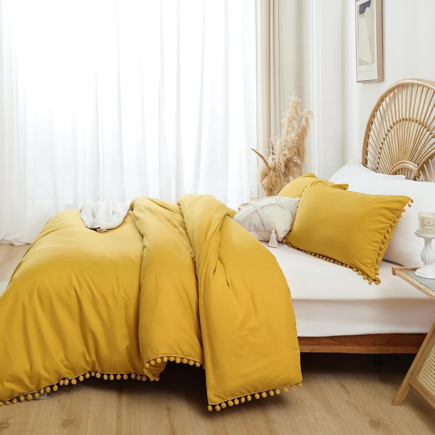 Queen Comforter Set - Comforter Queen Size Sets with Ball Pom Fringe, Soft Bedding Set for All Seasons - 3 Pieces, 1 Comforter (90"x90") & 2 Pillow Shams (20"x26"), Mustard Yellow