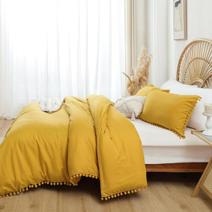 Queen Comforter Set - Comforter Queen Size Sets with Ball Pom Fringe, Soft Bedding Set for All Seasons - 3 Pieces, 1 Comforter (90"x90") & 2 Pillow Shams (20"x26"), Mustard Yellow