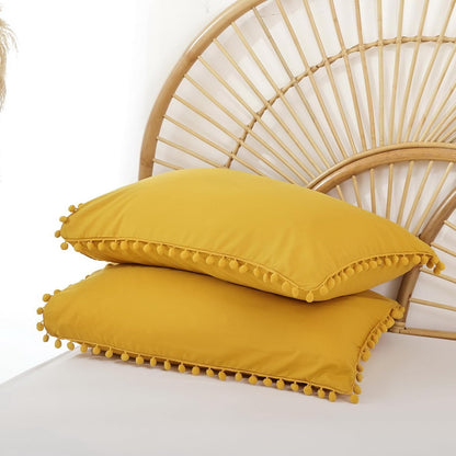 Queen Comforter Set - Comforter Queen Size Sets with Ball Pom Fringe, Soft Bedding Set for All Seasons - 3 Pieces, 1 Comforter (90"x90") & 2 Pillow Shams (20"x26"), Mustard Yellow