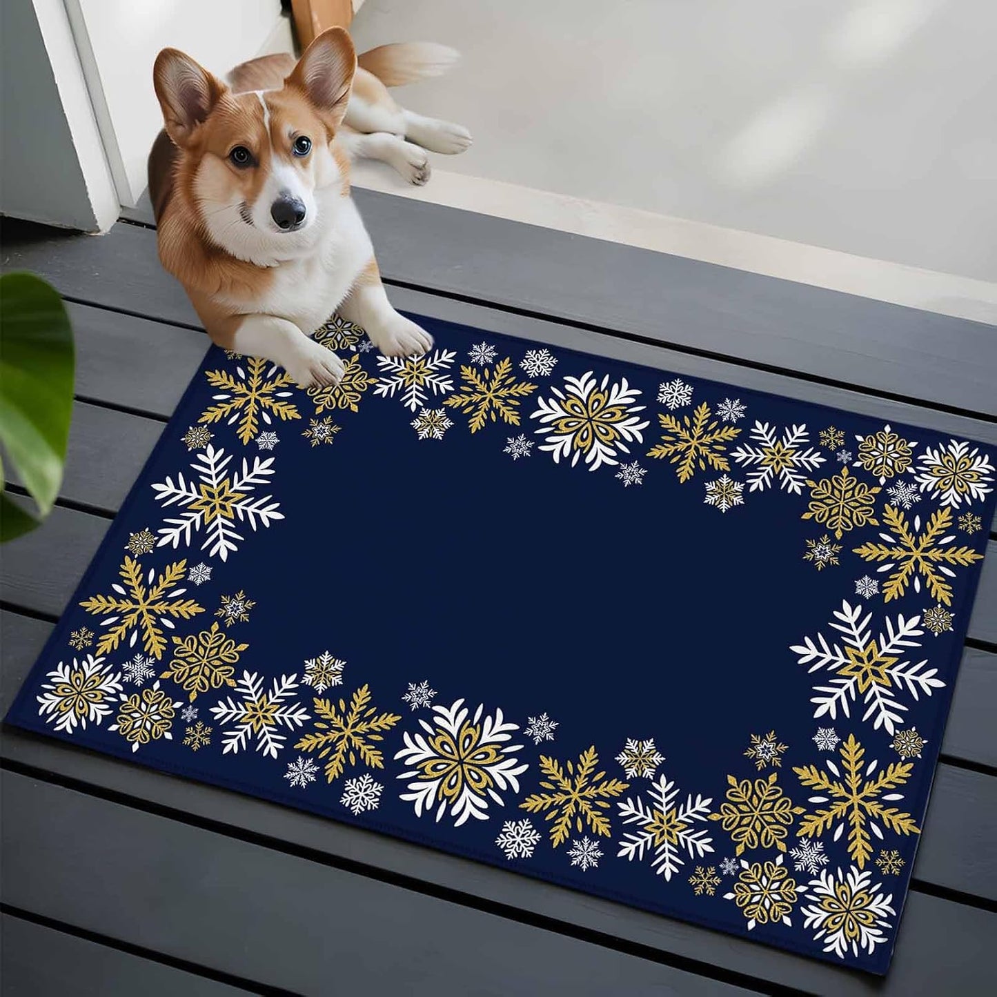 Retro Yellow Snowflake 2x3 Area Rugs for Living Room, Winter Christmas Navy Background Non Slip Floor Mat Washable Low-Profile Indoor Carpet for Bedroom, Dining Room, Bathroom