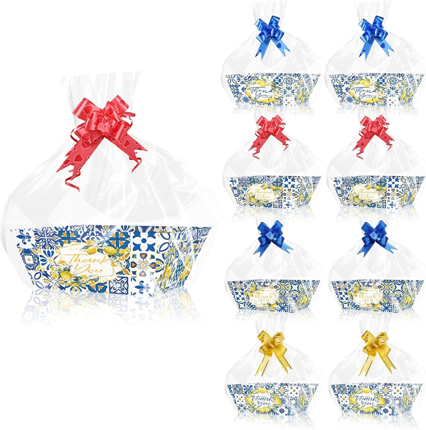 24Pcs Blue Tile Lemon Baskets For Gift Empty, 4 Designs Paper Trays with 24 Clear Cello Bags & 8 Bows, Thank You Cookie Gift Boxes for Wedding, Bridal Shower, Birthday Party Favors