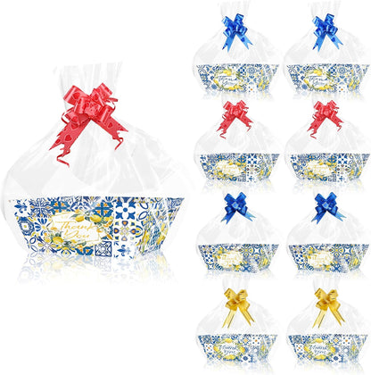 24Pcs Blue Tile Lemon Baskets For Gift Empty, 4 Designs Paper Trays with 24 Clear Cello Bags & 8 Bows, Thank You Cookie Gift Boxes for Wedding, Bridal Shower, Birthday Party Favors