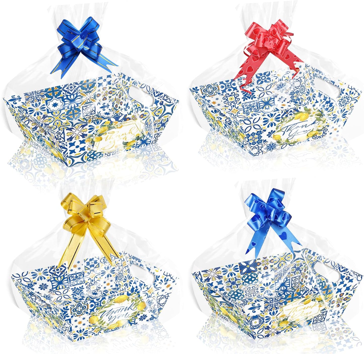 24Pcs Blue Tile Lemon Baskets For Gift Empty, 4 Designs Paper Trays with 24 Clear Cello Bags & 8 Bows, Thank You Cookie Gift Boxes for Wedding, Bridal Shower, Birthday Party Favors