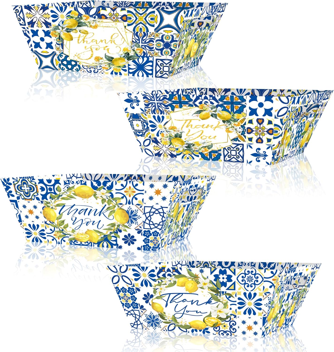 24Pcs Blue Tile Lemon Baskets For Gift Empty, 4 Designs Paper Trays with 24 Clear Cello Bags & 8 Bows, Thank You Cookie Gift Boxes for Wedding, Bridal Shower, Birthday Party Favors