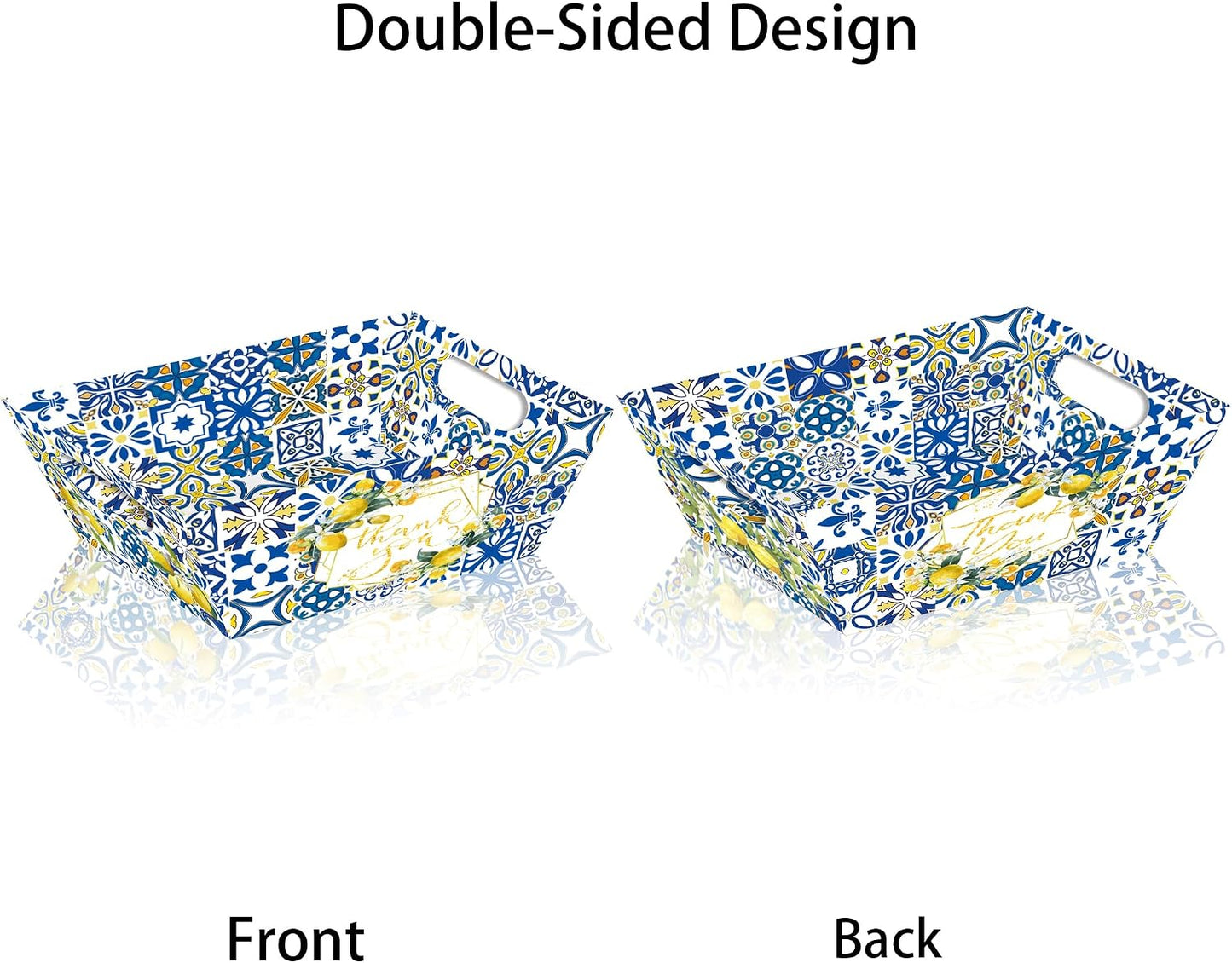 24Pcs Blue Tile Lemon Baskets For Gift Empty, 4 Designs Paper Trays with 24 Clear Cello Bags & 8 Bows, Thank You Cookie Gift Boxes for Wedding, Bridal Shower, Birthday Party Favors