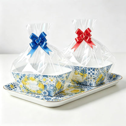 24Pcs Blue Tile Lemon Baskets For Gift Empty, 4 Designs Paper Trays with 24 Clear Cello Bags & 8 Bows, Thank You Cookie Gift Boxes for Wedding, Bridal Shower, Birthday Party Favors