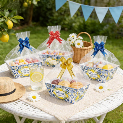 24Pcs Blue Tile Lemon Baskets For Gift Empty, 4 Designs Paper Trays with 24 Clear Cello Bags & 8 Bows, Thank You Cookie Gift Boxes for Wedding, Bridal Shower, Birthday Party Favors