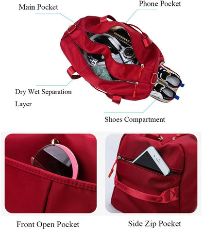 Sports Gym Bag for Women Travel Duffel Bag with Wet Pocket and Shoes Compartment for Training Swim Yoga(Red)