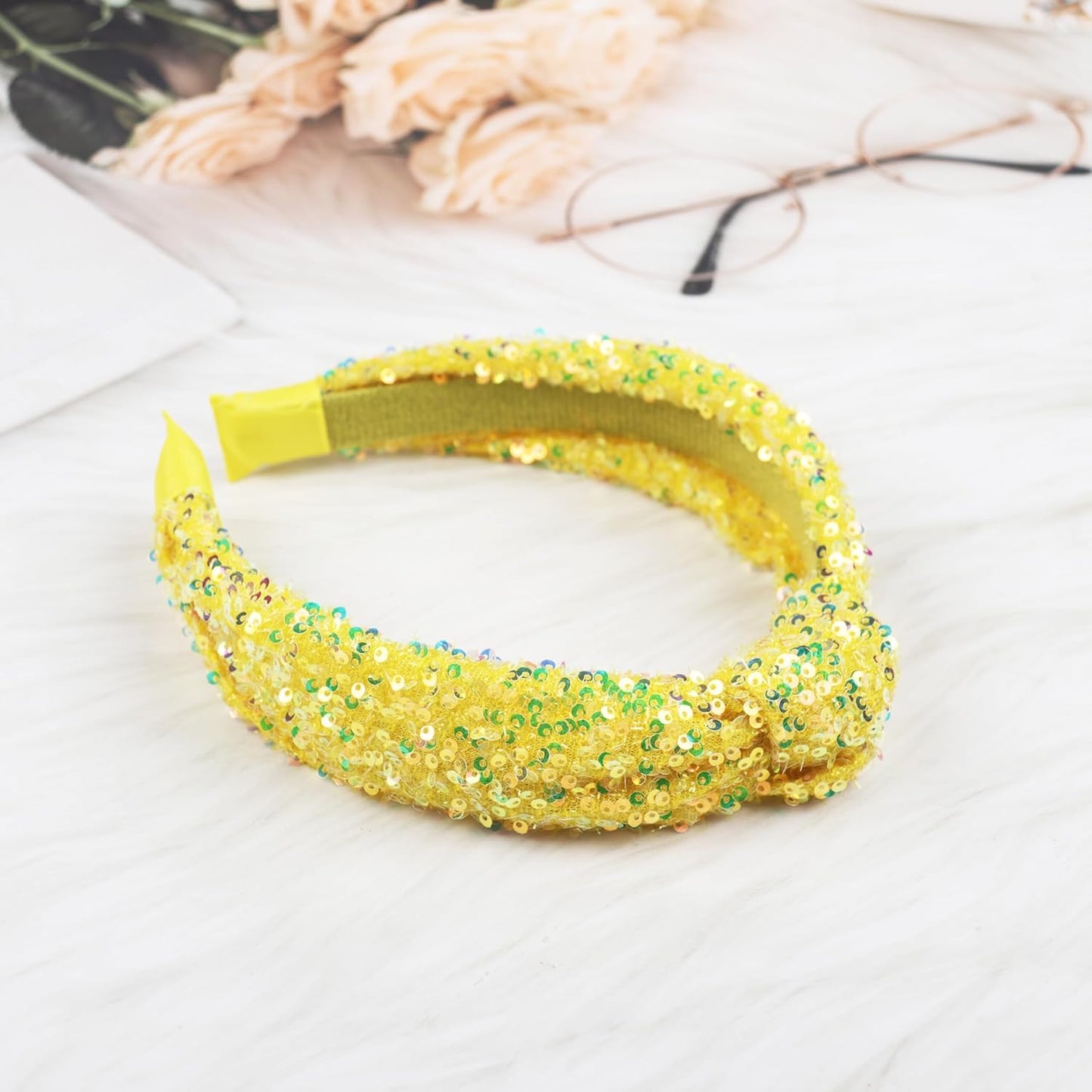 Yellow Glitter Knotted Headband Summer Knot Hair Bands Fashion Sequin Hair Hoop Women Girls Hair Accessories for Summer Theme Birthday Wedding Party Supplies(Yellow, Large)