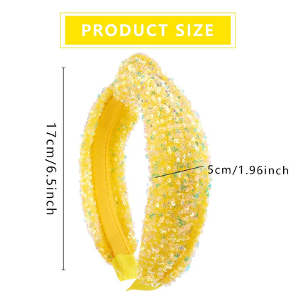 Yellow Glitter Knotted Headband Summer Knot Hair Bands Fashion Sequin Hair Hoop Women Girls Hair Accessories for Summer Theme Birthday Wedding Party Supplies(Yellow, Large)