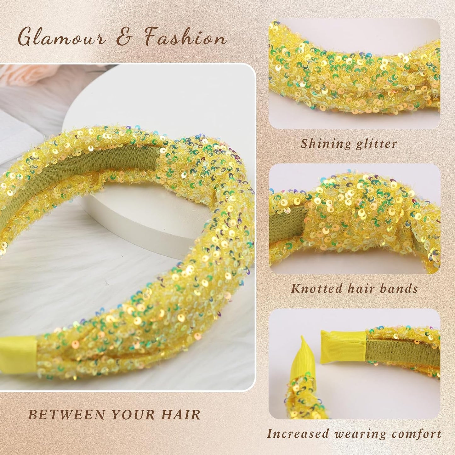 Yellow Glitter Knotted Headband Summer Knot Hair Bands Fashion Sequin Hair Hoop Women Girls Hair Accessories for Summer Theme Birthday Wedding Party Supplies(Yellow, Large)