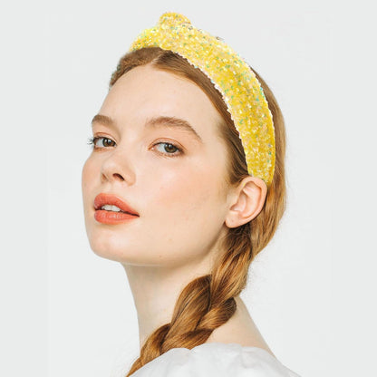 Yellow Glitter Knotted Headband Summer Knot Hair Bands Fashion Sequin Hair Hoop Women Girls Hair Accessories for Summer Theme Birthday Wedding Party Supplies(Yellow, Large)