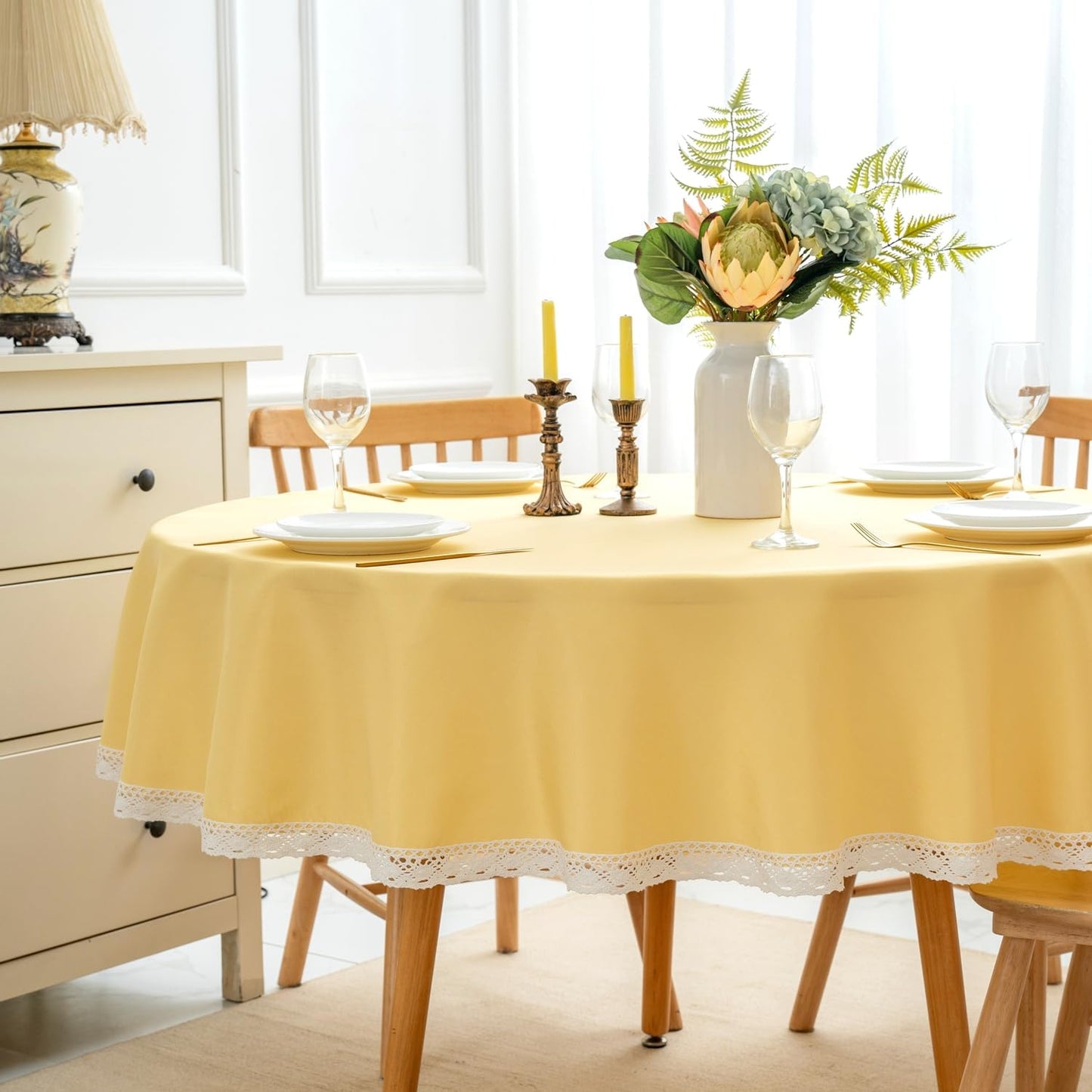 Faux Linen Tablecloth with Lace Trim - Waterproof/Spill Proof/Stain Resistant/Wrinkle Free/Oil Proof - for Banquet, Parties, Dinner,Wedding,Holiday,Yellow, Round 70Inch