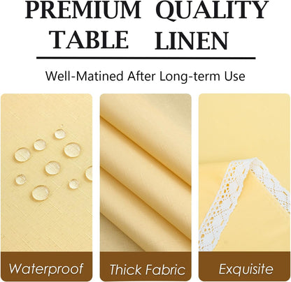 Faux Linen Tablecloth with Lace Trim - Waterproof/Spill Proof/Stain Resistant/Wrinkle Free/Oil Proof - for Banquet, Parties, Dinner,Wedding,Holiday,Yellow, Round 70Inch