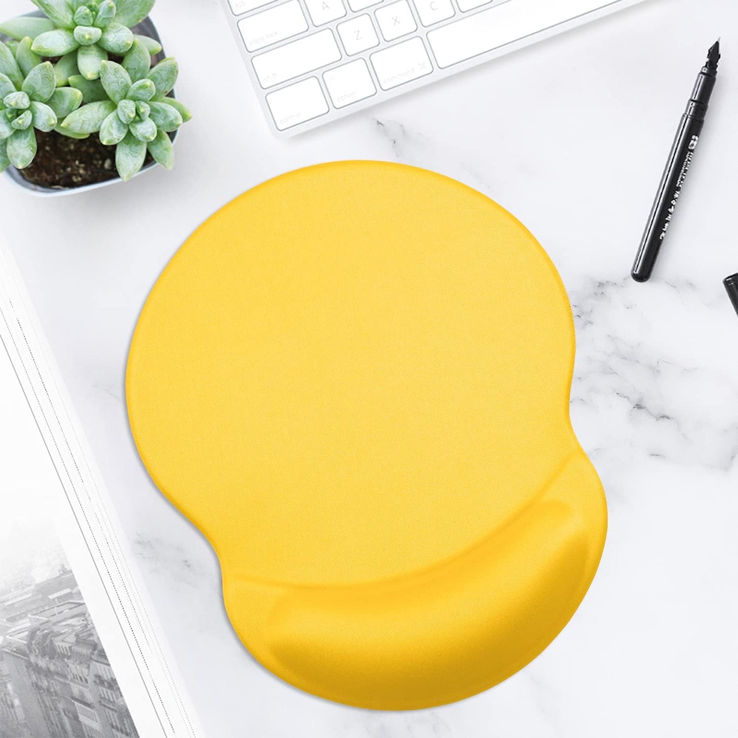 Ergonomic Mouse Pad with Gel Wrist Support Small Wrist Rest Smooth Surface Non-Slip PU Base Comfortable Office Supplies Pain Relief, 8.7 x 7.2 inches, Apricot Yellow