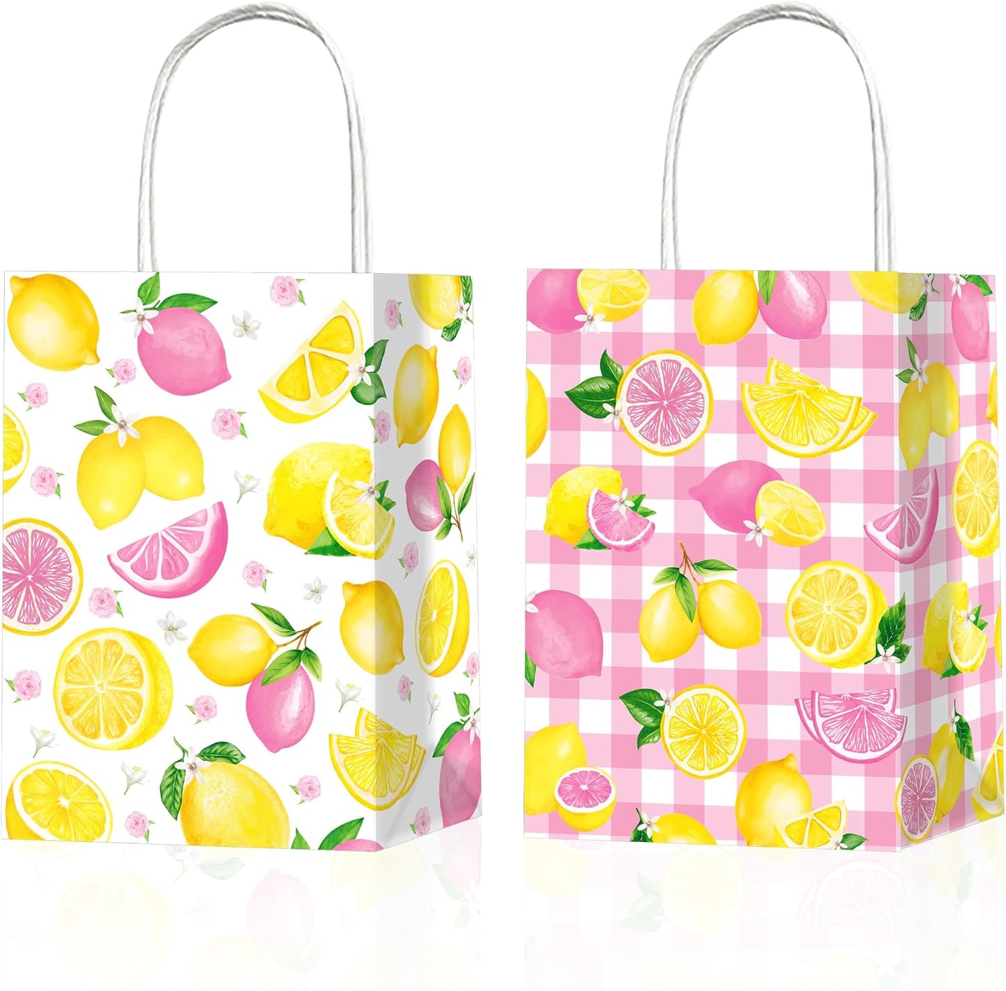 Pink and Yellow Lemonade Party Favor Bags 12Pcs Summer Lemon Theme Gift Bags with Handles for Birthday Decorations, Baby Shower Supplies Citrus Fruit Goodie Bags Decor