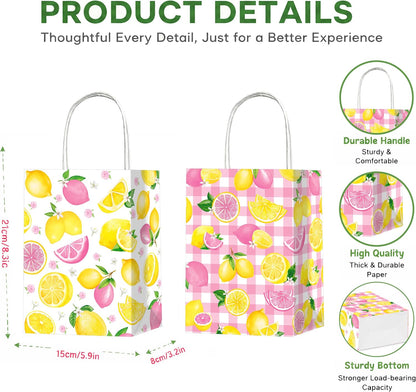 Pink and Yellow Lemonade Party Favor Bags 12Pcs Summer Lemon Theme Gift Bags with Handles for Birthday Decorations, Baby Shower Supplies Citrus Fruit Goodie Bags Decor