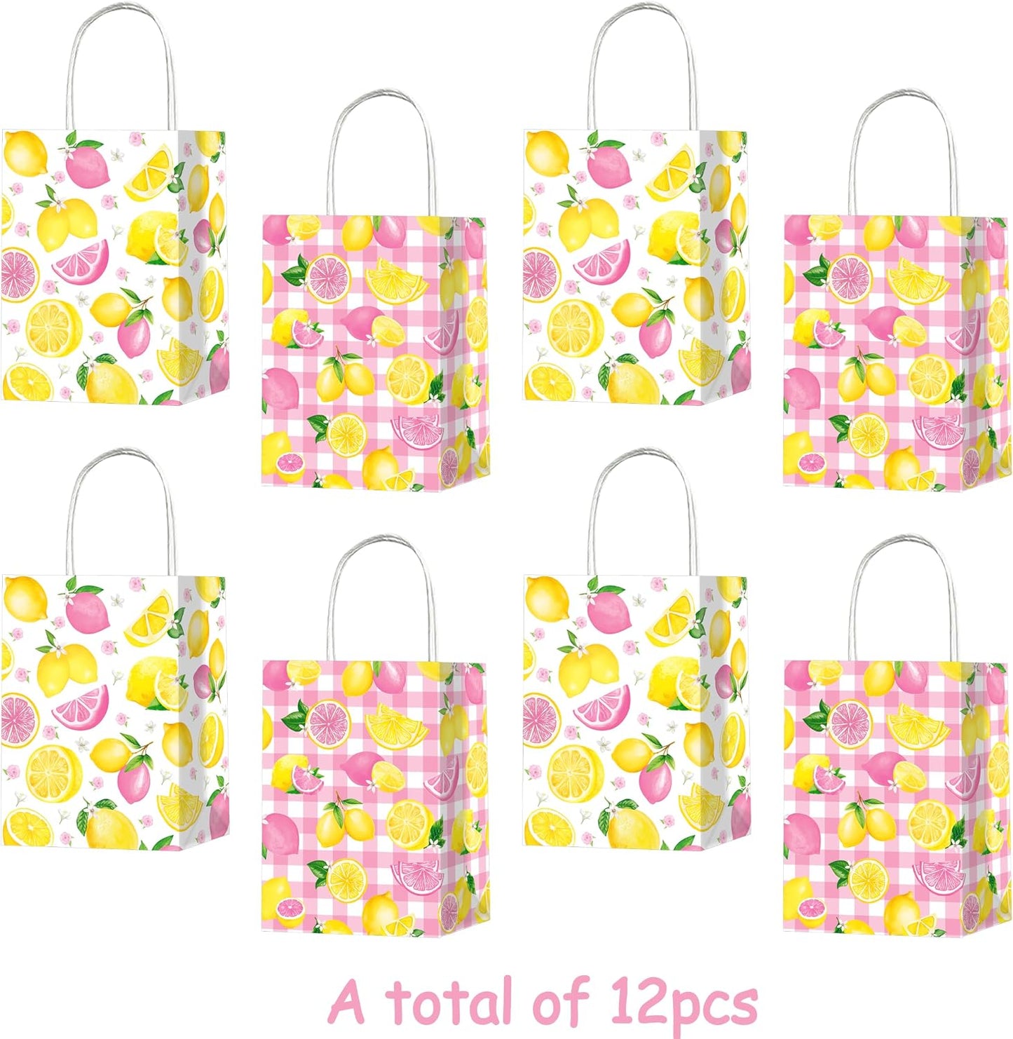 Pink and Yellow Lemonade Party Favor Bags 12Pcs Summer Lemon Theme Gift Bags with Handles for Birthday Decorations, Baby Shower Supplies Citrus Fruit Goodie Bags Decor