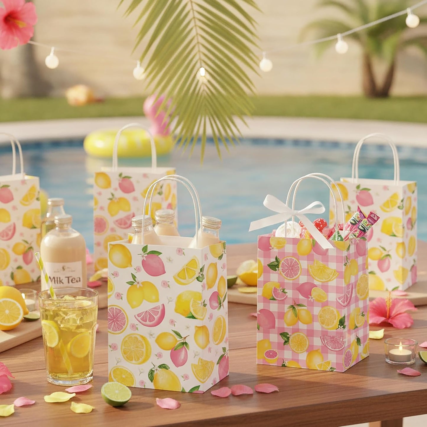 Pink and Yellow Lemonade Party Favor Bags 12Pcs Summer Lemon Theme Gift Bags with Handles for Birthday Decorations, Baby Shower Supplies Citrus Fruit Goodie Bags Decor