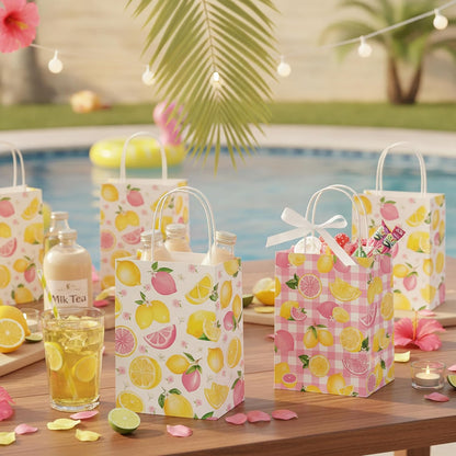 Pink and Yellow Lemonade Party Favor Bags 12Pcs Summer Lemon Theme Gift Bags with Handles for Birthday Decorations, Baby Shower Supplies Citrus Fruit Goodie Bags Decor