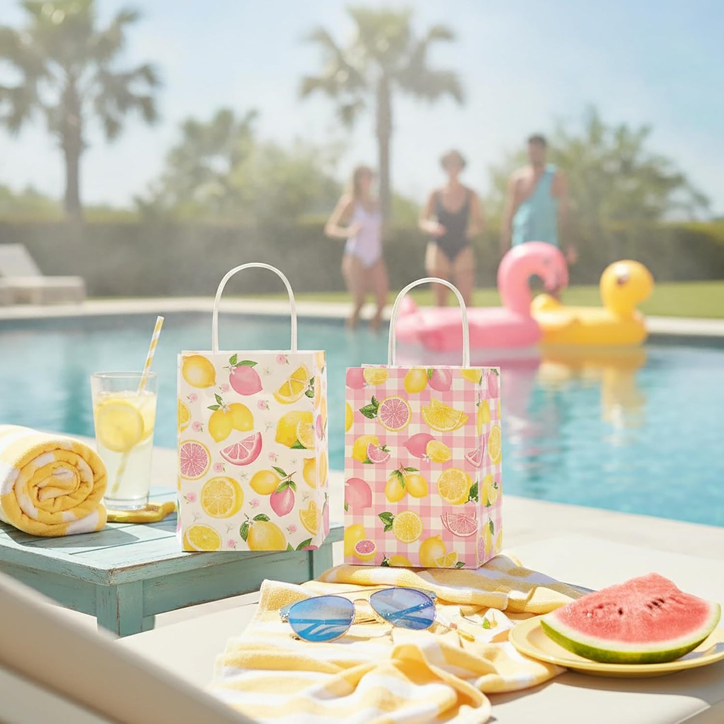 Pink and Yellow Lemonade Party Favor Bags 12Pcs Summer Lemon Theme Gift Bags with Handles for Birthday Decorations, Baby Shower Supplies Citrus Fruit Goodie Bags Decor