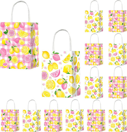 Pink and Yellow Lemonade Party Favor Bags 12Pcs Summer Lemon Theme Gift Bags with Handles for Birthday Decorations, Baby Shower Supplies Citrus Fruit Goodie Bags Decor