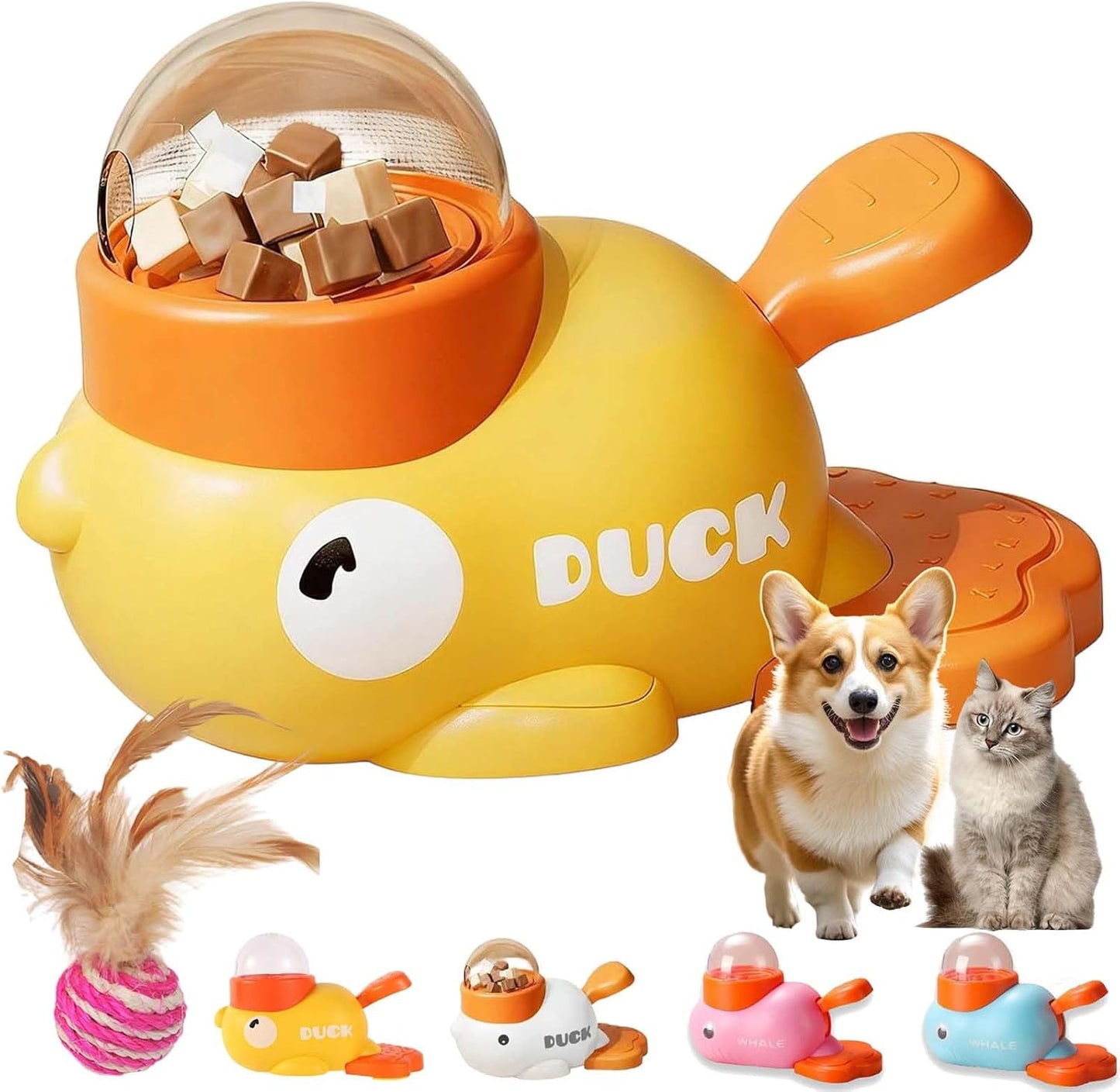 Duck Cat Treat Dispenser, Duck Dog Food Dispenser Toy, Interactive Duck-Shaped Puzzle Feeder for Dogs and Cats, Promotes IQ Training and Entertainment (Yellow)