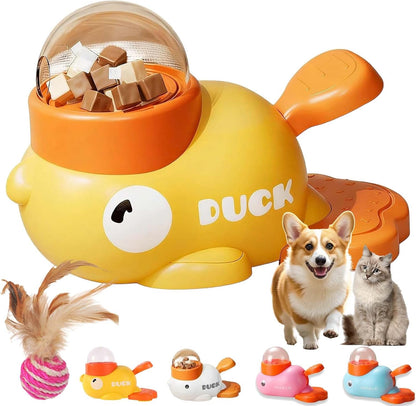 Duck Cat Treat Dispenser, Duck Dog Food Dispenser Toy, Interactive Duck-Shaped Puzzle Feeder for Dogs and Cats, Promotes IQ Training and Entertainment (Yellow)