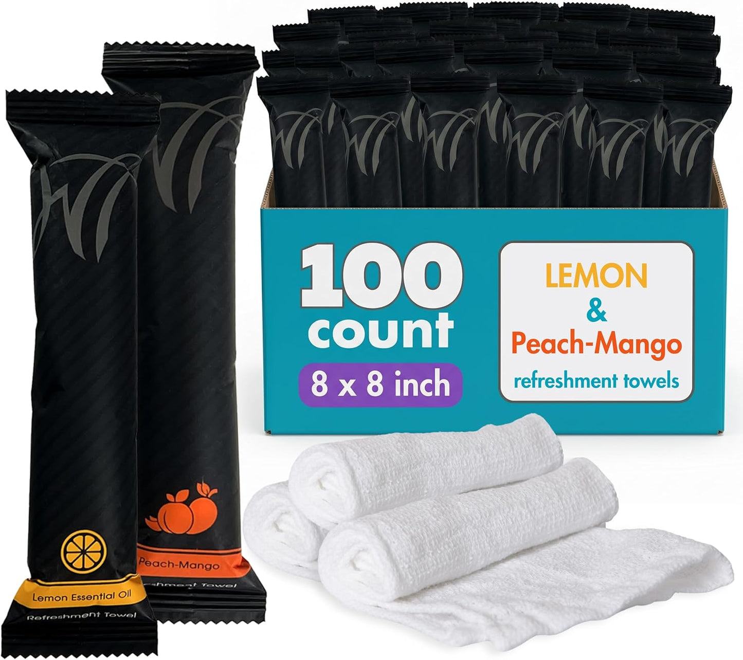 8" x 8in Moist Cotton Towel Individually Wrapped - Lemon and Peach-Mango (Case of 100) - Single-Use Oshibori Style Cotton Hospitality Towels