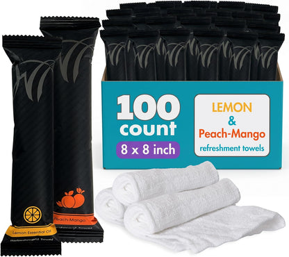 8" x 8in Moist Cotton Towel Individually Wrapped - Lemon and Peach-Mango (Case of 100) - Single-Use Oshibori Style Cotton Hospitality Towels