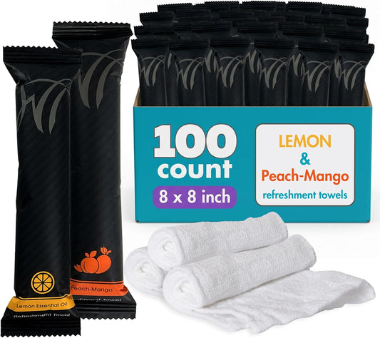 8" x 8in Moist Cotton Towel Individually Wrapped - Lemon and Peach-Mango (Case of 100) - Single-Use Oshibori Style Cotton Hospitality Towels
