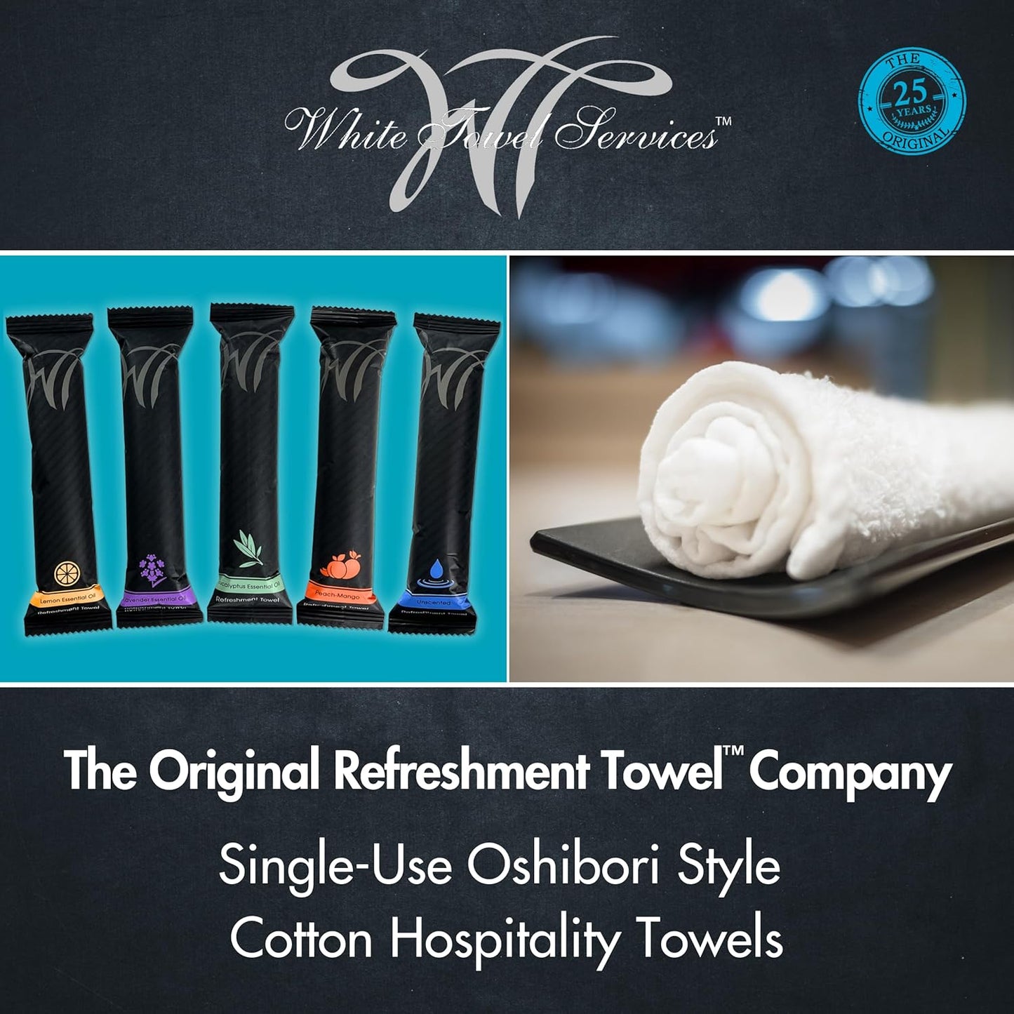 8" x 8in Moist Cotton Towel Individually Wrapped - Lemon and Peach-Mango (Case of 100) - Single-Use Oshibori Style Cotton Hospitality Towels
