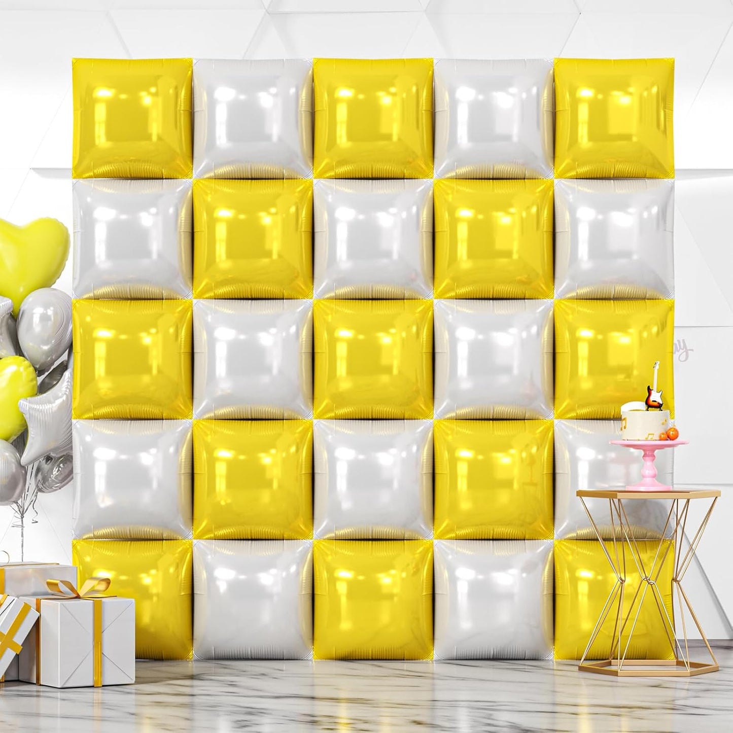 25PCS Yellow White Square Foil Balloons Wall Backdrop | Double Sided Pearl White and Yellow Balloons Arch Kit for Birthday Wedding Anniversary Baby Bridal Shower Party Decorations