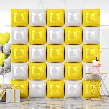 25PCS Yellow White Square Foil Balloons Wall Backdrop | Double Sided Pearl White and Yellow Balloons Arch Kit for Birthday Wedding Anniversary Baby Bridal Shower Party Decorations