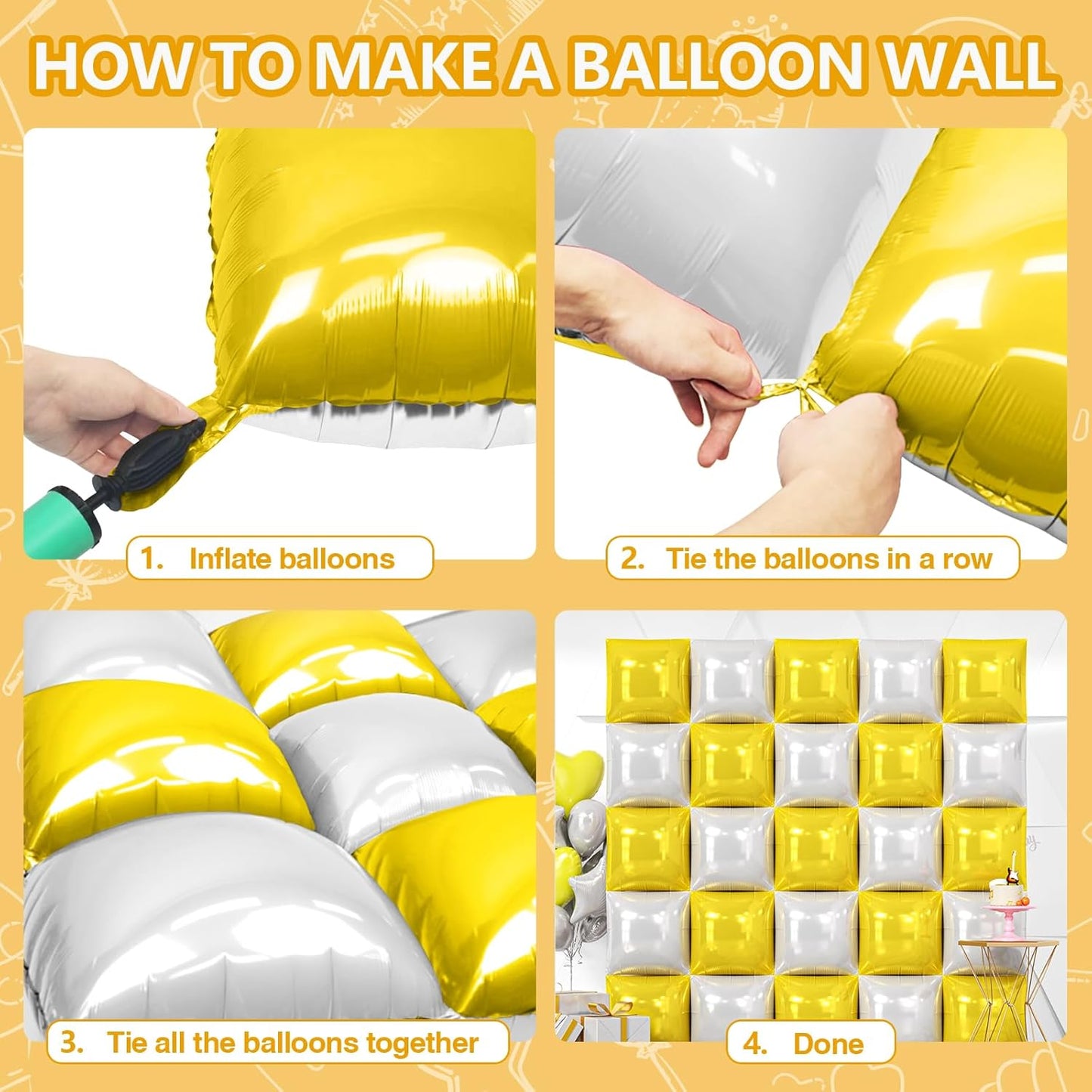 25PCS Yellow White Square Foil Balloons Wall Backdrop | Double Sided Pearl White and Yellow Balloons Arch Kit for Birthday Wedding Anniversary Baby Bridal Shower Party Decorations
