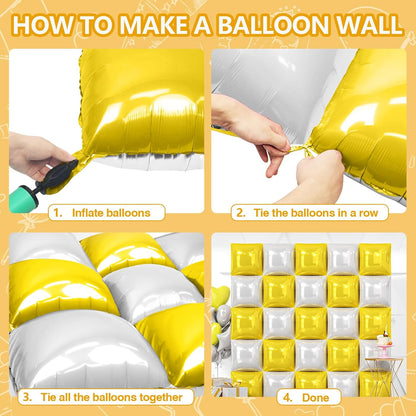 25PCS Yellow White Square Foil Balloons Wall Backdrop | Double Sided Pearl White and Yellow Balloons Arch Kit for Birthday Wedding Anniversary Baby Bridal Shower Party Decorations