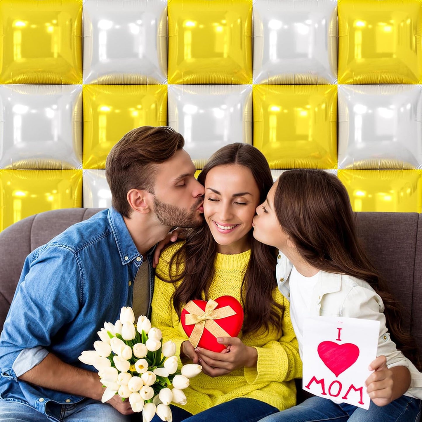 25PCS Yellow White Square Foil Balloons Wall Backdrop | Double Sided Pearl White and Yellow Balloons Arch Kit for Birthday Wedding Anniversary Baby Bridal Shower Party Decorations