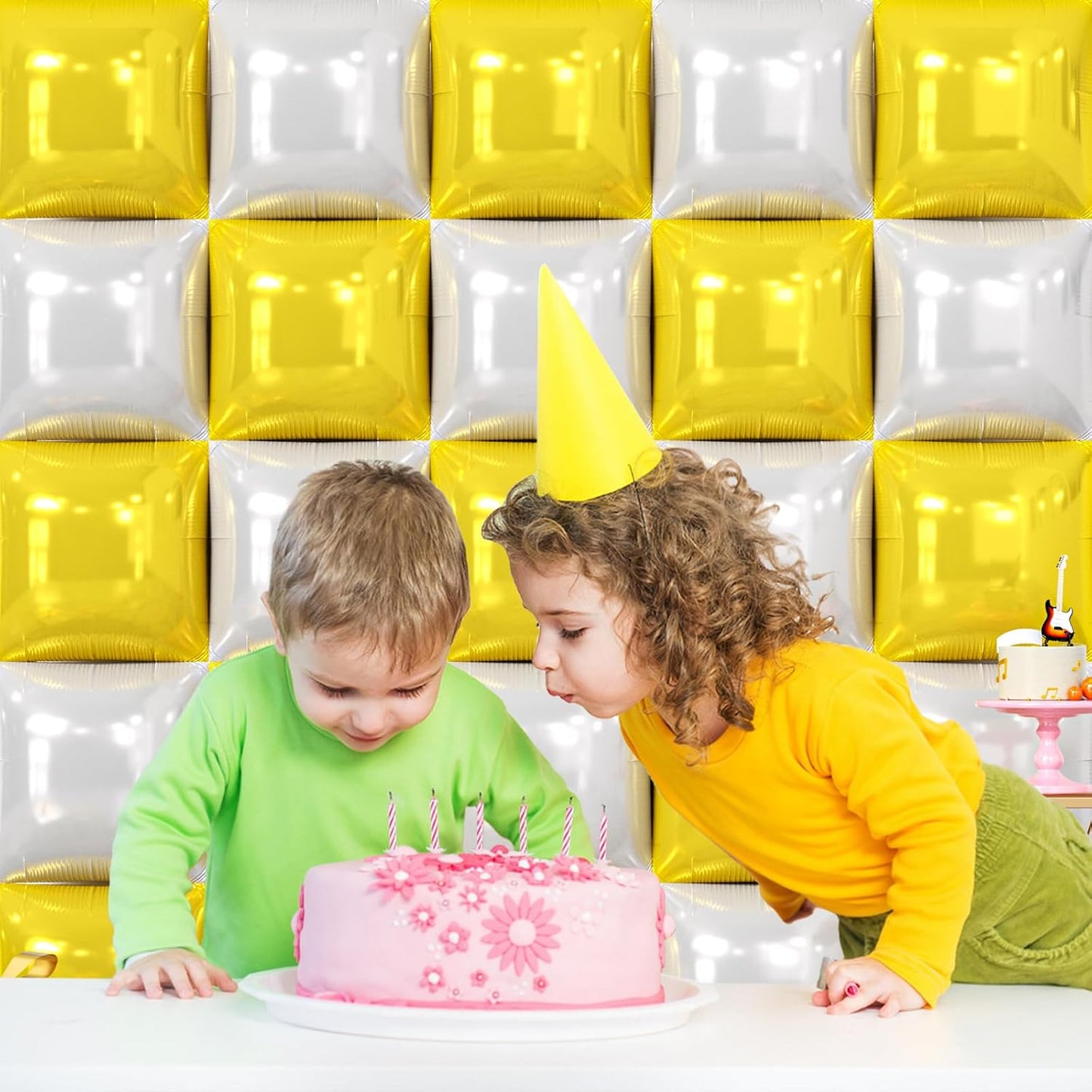 25PCS Yellow White Square Foil Balloons Wall Backdrop | Double Sided Pearl White and Yellow Balloons Arch Kit for Birthday Wedding Anniversary Baby Bridal Shower Party Decorations