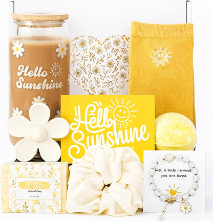 Gift Baskets for Women, Mothers Day Gifts, 9pcs Unique Birthday Gifts for Women, Thinking of You Gift for Women Self Care Gifts Sending Sunshine Cheer Up Gifts Box for Best Friend Sister Coworker
