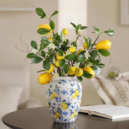 Capri Lemon Ceramic Vase with Artificial Lemons Branches 7.87inch Blue Tiles Yellow Lemon Vase 6 Head Faux Lemons with Stem Fake Fruit Themed for Kitchen Decoration Party Farmhouse Decor